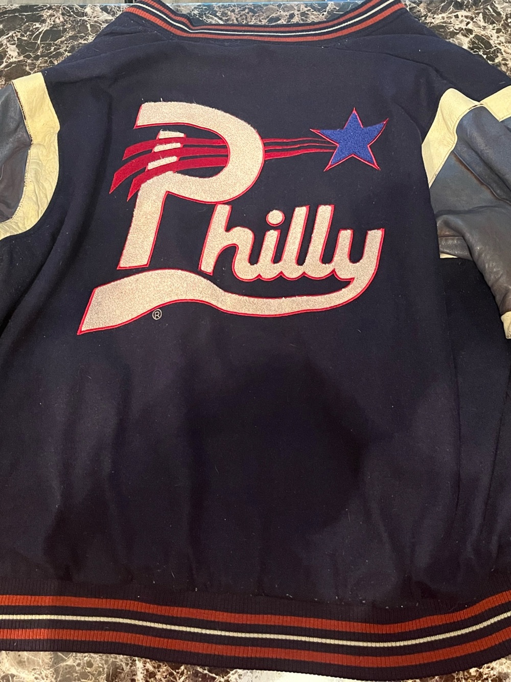Mens Navy & Cream Varsity Jacket with 'Rally Stars' Script - Picture 2 of 3